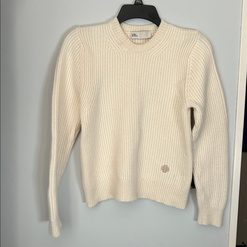 Tory Burch Cashmere Ribbed Sweater with Embroidered Logo